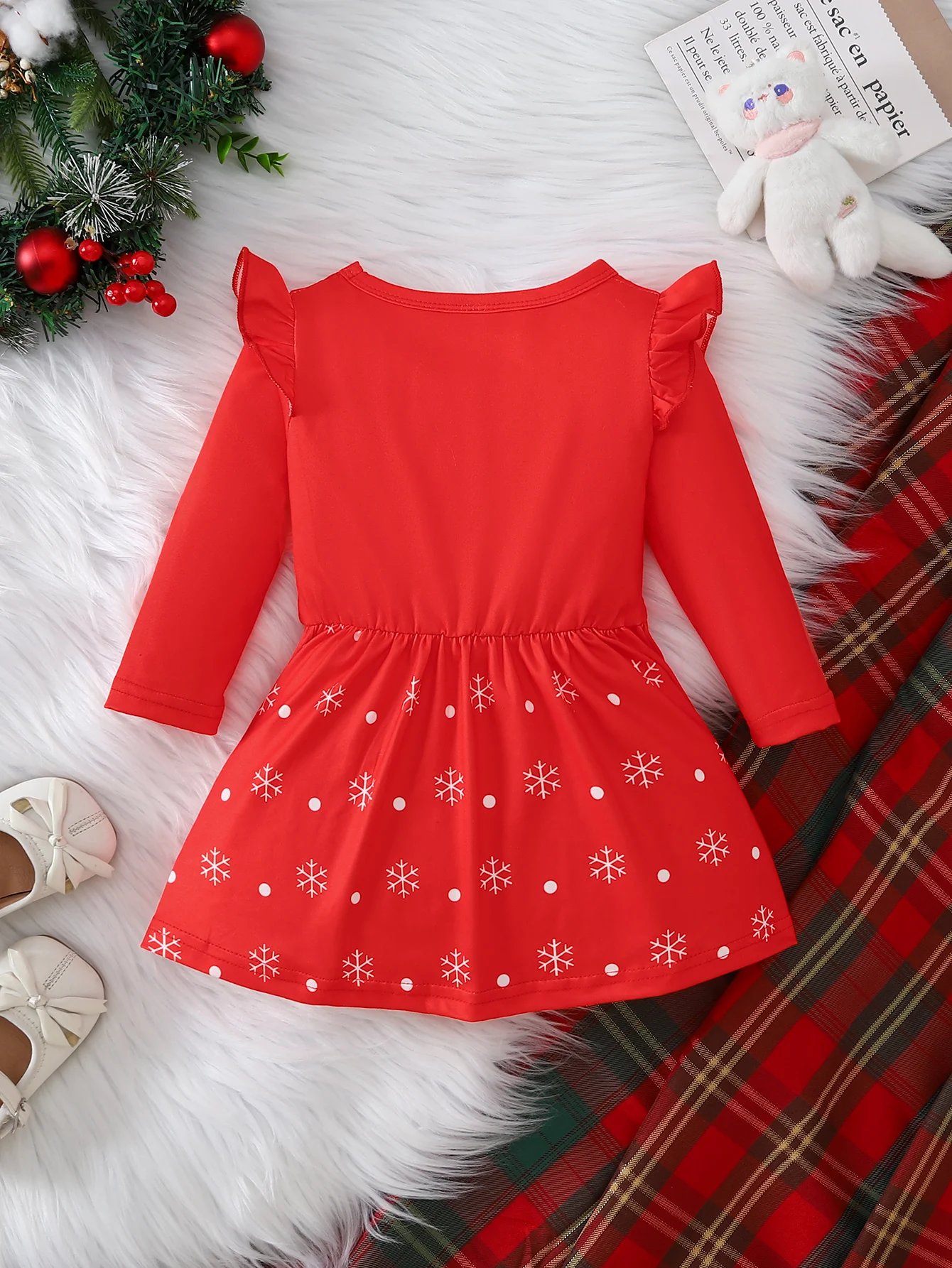 1Pc Winter Christmas Baby Girl Dress,Santa Baby Letter Cartoon Cat Snowflake Print Long Sleeve Ruffle Shoulder Bow A‑Line Skirt,