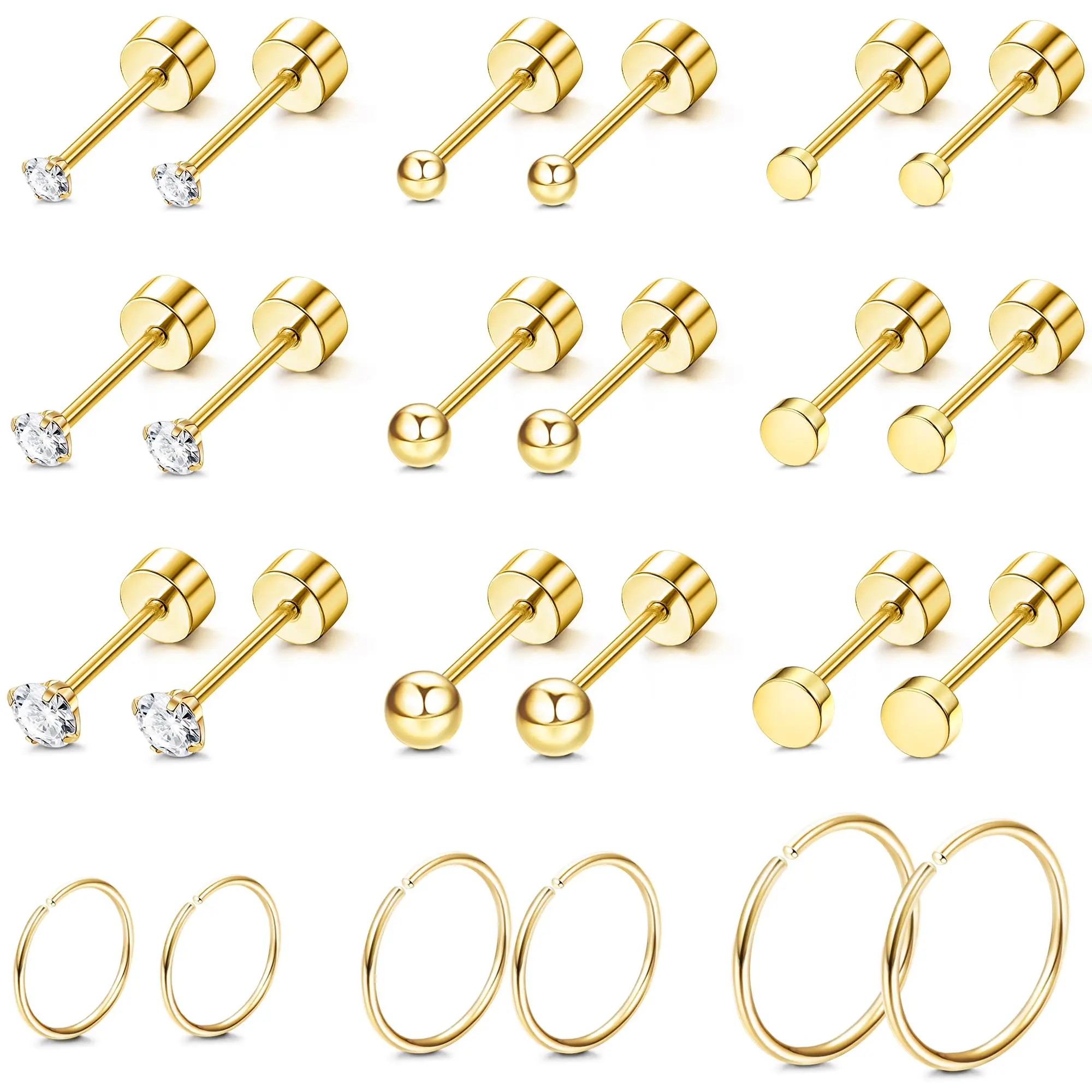 

1/12 Pairs Gold Stainless Steel Tiny CZ Ball Flat Back Stud Earring Multiple Piercing Cartilage Hoop Earrings for Women Men