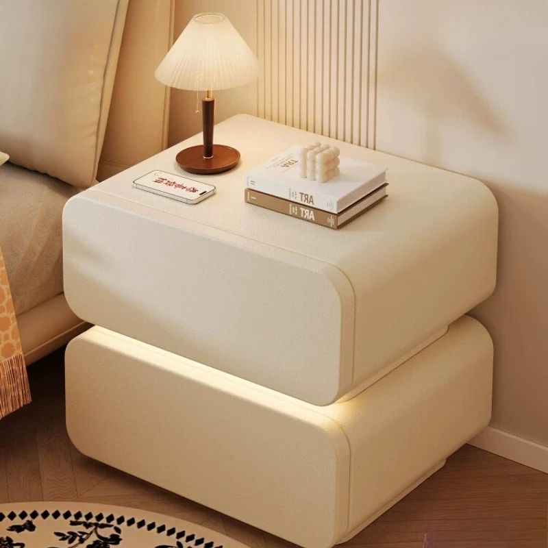 Cream Split Modular Upholstered Nightstand Double Layer Storage Bedside Cabinet Rounded Corner Minimalist Bedroom Side Furniture