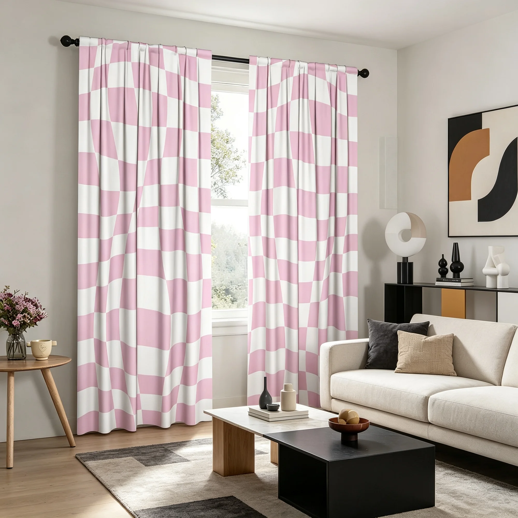 Y2K Danish Style Soft Pink Checkered Simple Curtains for Bedroom And Living Room - Elegant Design to Create a Peaceful Comfortab