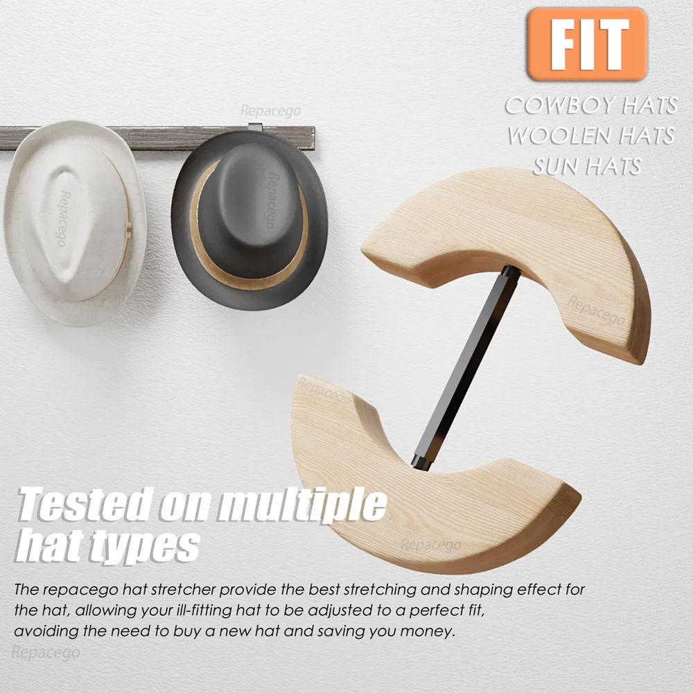 Repacego Adjustable Wooden Hat Stretcher Cap Shape Maintainer Premium Fedora Hat Rack for Storage Cowboy Baseball Hat Holders