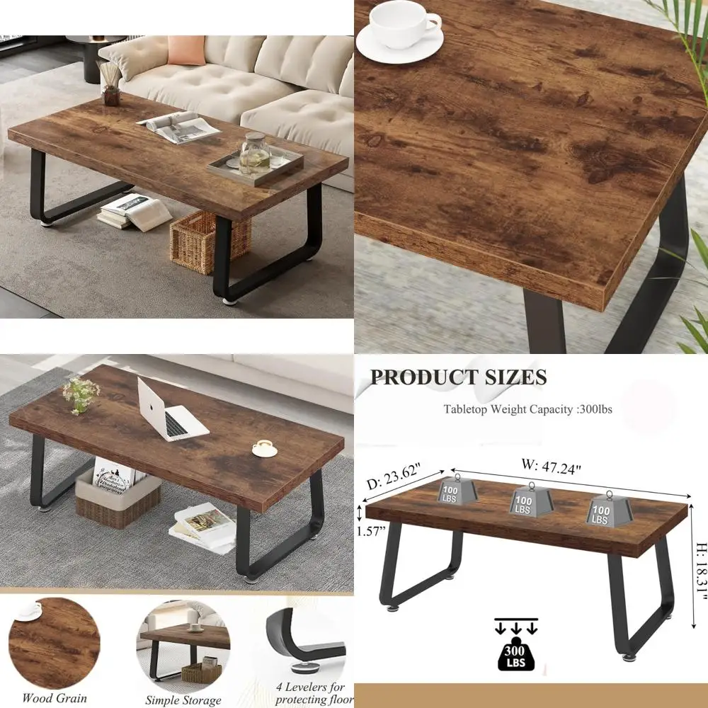 

Industrial Modern Minimalist Rectangle Coffee Table for Living Room, Farmhouse Style Wood Center Table
