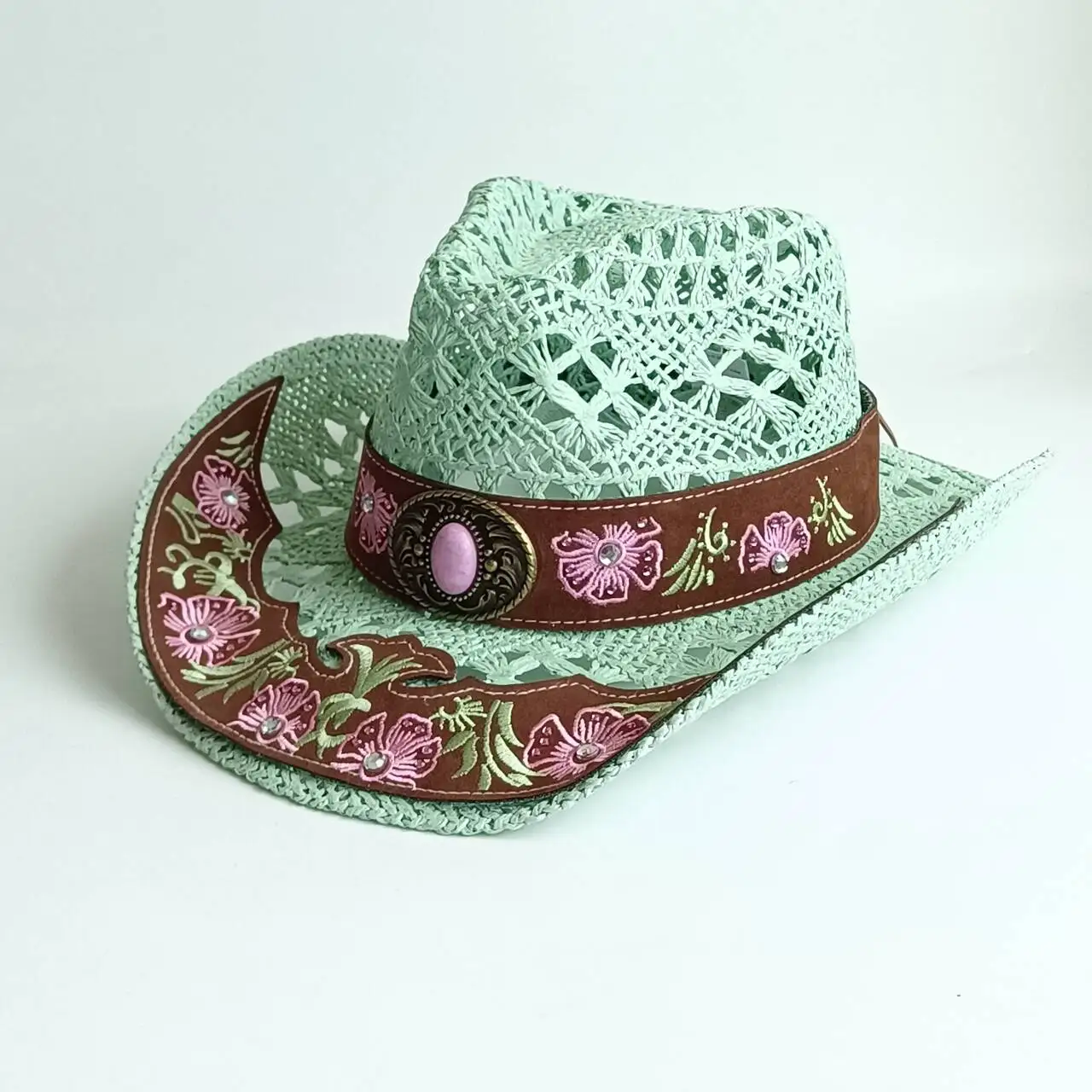 Vintage Boho Mint Green Hollow Woven Cowboy Hat for Women Floral Embroidered Leather Belt Pink Stone Ornament Wide Brim Breathab