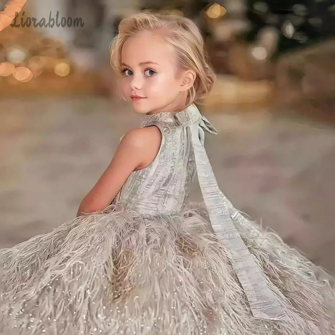 

Girls' Formal Multicolor Dress Feather Embellished Evening Gown Flower Girl Dress Party Wear Sequin Dress