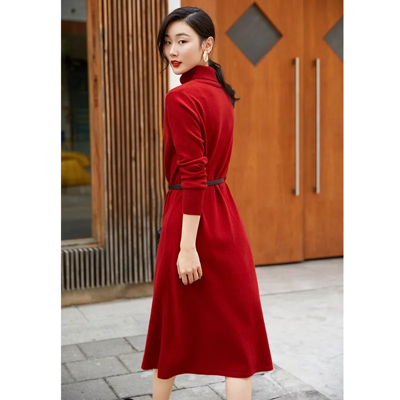 Birdtree 100%Pure Wool Christmas Red Knit Dresses Turtleneck Retro Elegant Lining Dress Paired With Coat Autumn Winter D3N174QM