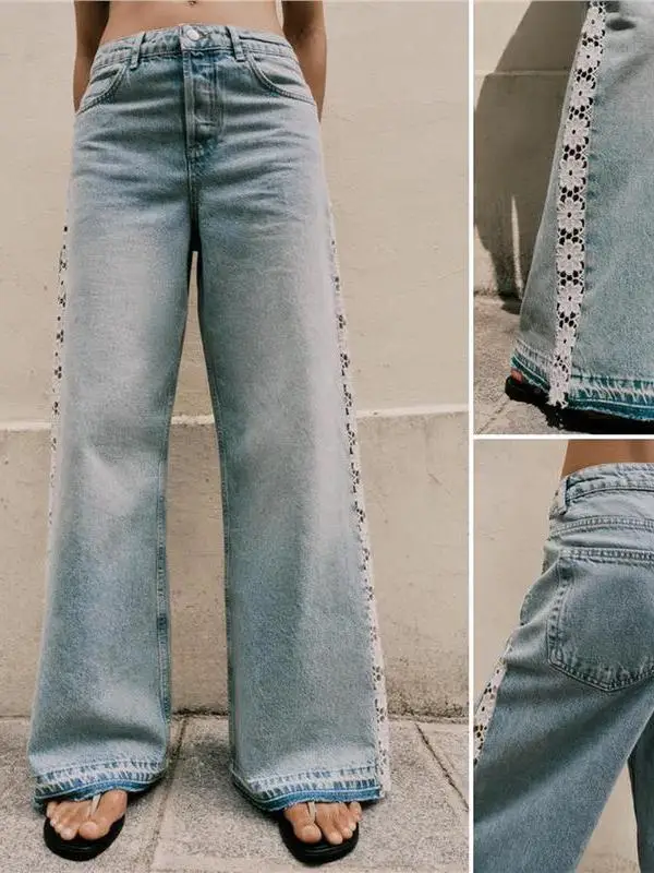 กระโปรงยีนส์เอวสูงทรงขากว้าง ไม่มีชายผ่า แต่งลูกไม้ เย็บตะขอเกี่ยว