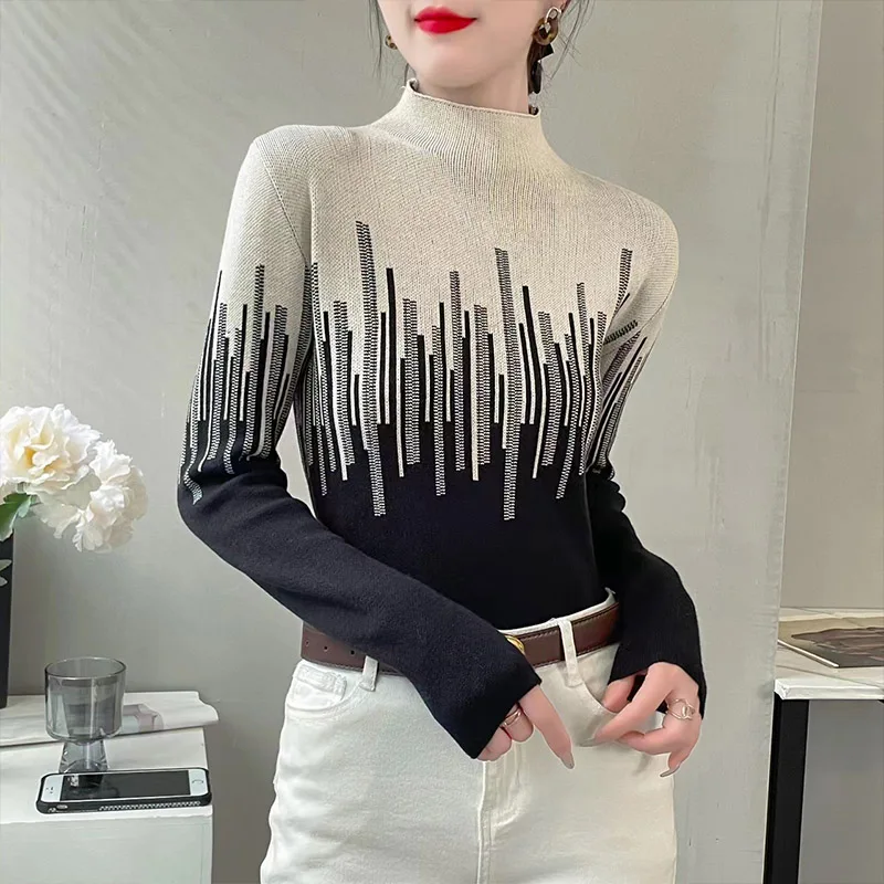 Autumn Winter New Fashion Elastic Slim Half High Neck Sweaters Women Temperament Vintage Chic Striped Pullovers