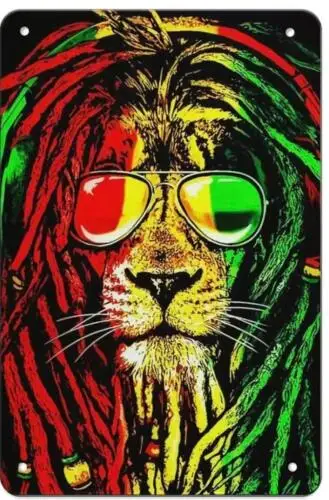 RASTA LION COLORFUL METAL TIN SIGN JAMAICA FLAG COLORS LION WITH SUNGLASSES ART