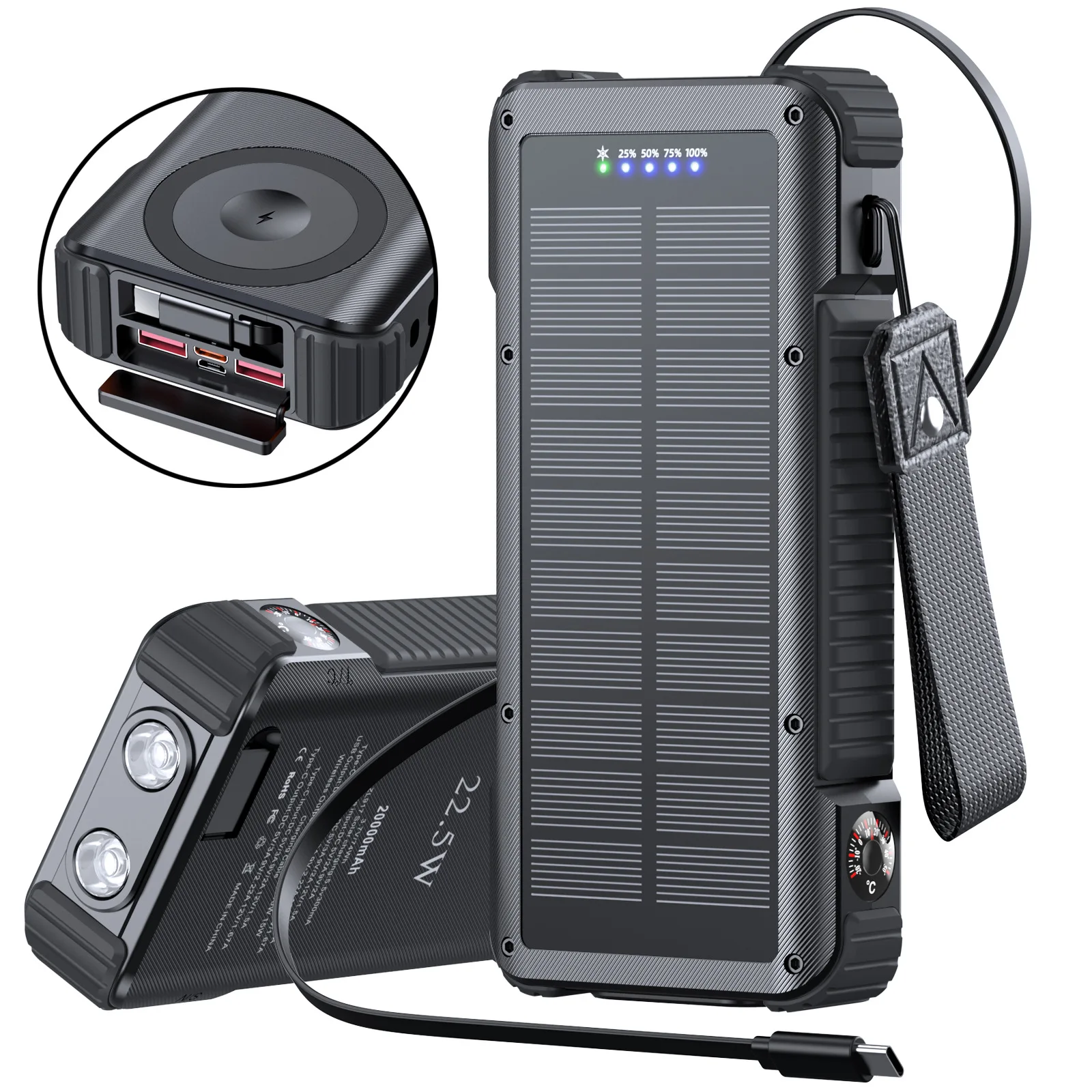 

20000mAh Solar Power Bank 22.5W Magnetic Wireless Fast Charging Powerbank with Cables External Battery for iPhone iWatch Airpods