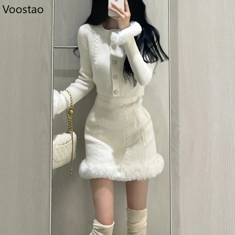 White Sweet Knitted Mini Skirt Set Women Korean Fashion Plush Sweater 2 Piece Sets Female Vintage Elegant Slim Skirt Suit Autumn