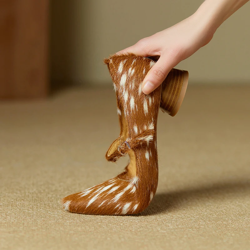 2024 spring summer women pumps natural leather 22-24.5cm Printed horsehair+cowhide+pigskin full leather buckle Mary Jane shoes