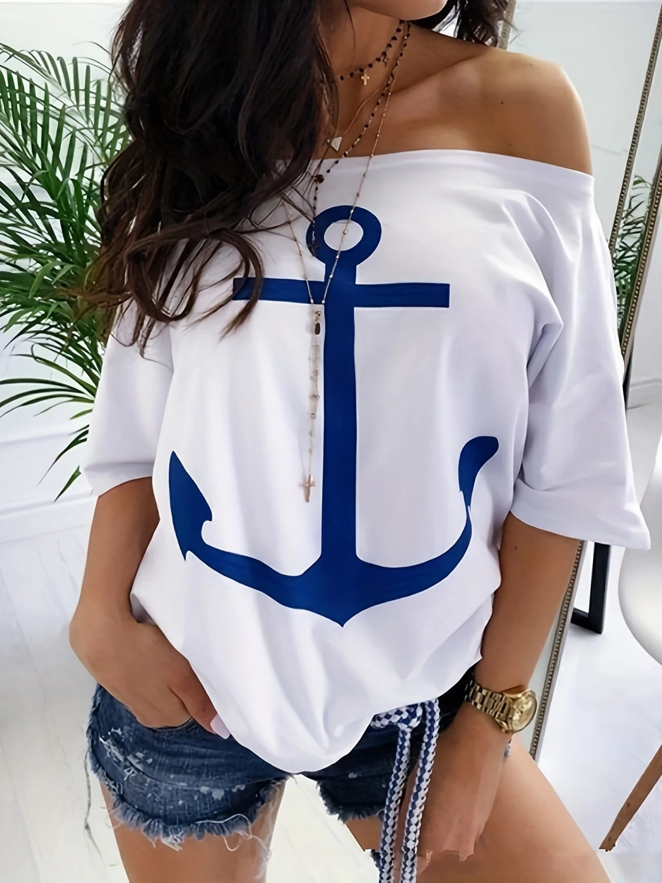 Women's One Shoulder Bat Shirt, Printed T-Shirt, Loose, Pop Style 2026