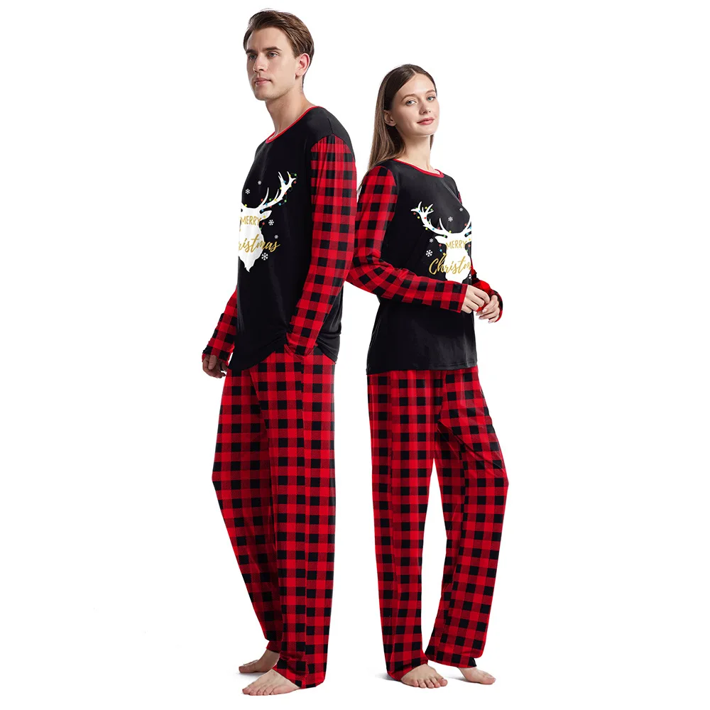 New Elk Christmas Graphic Pajamas Sets for Women Red Checkered Couple Sleepwear Family Matching Outfits New Year Pajamas Clothes