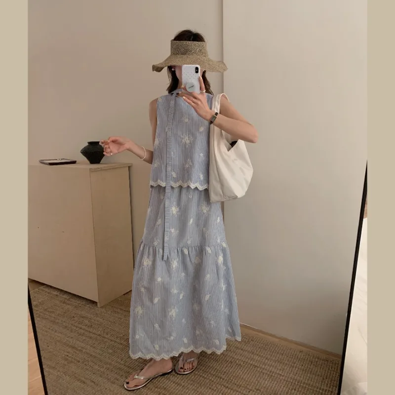 

Sweet Girl Suit Women's Summer Embroidered Sleeveless Top High Waisted Long Skirt Two-piece Set Fashion Female Clothes
