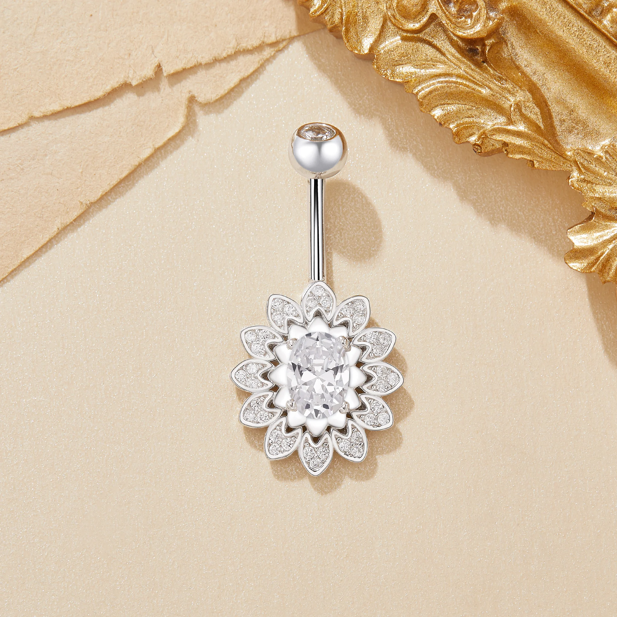 Halo Oval Flowers Solid 925 Sterling Silver Belly Button Ring Belly Piercing Navel Bar Curved Barbell Navel Ring 6720002