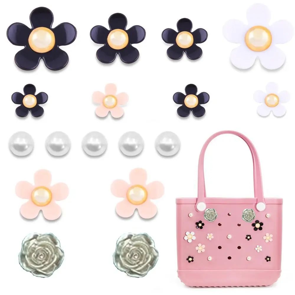 24Pcs Flowers and Pearls Charms for Bogg Bag Compatible with Women Rubber Beach Bag Tote Handbag Decoration