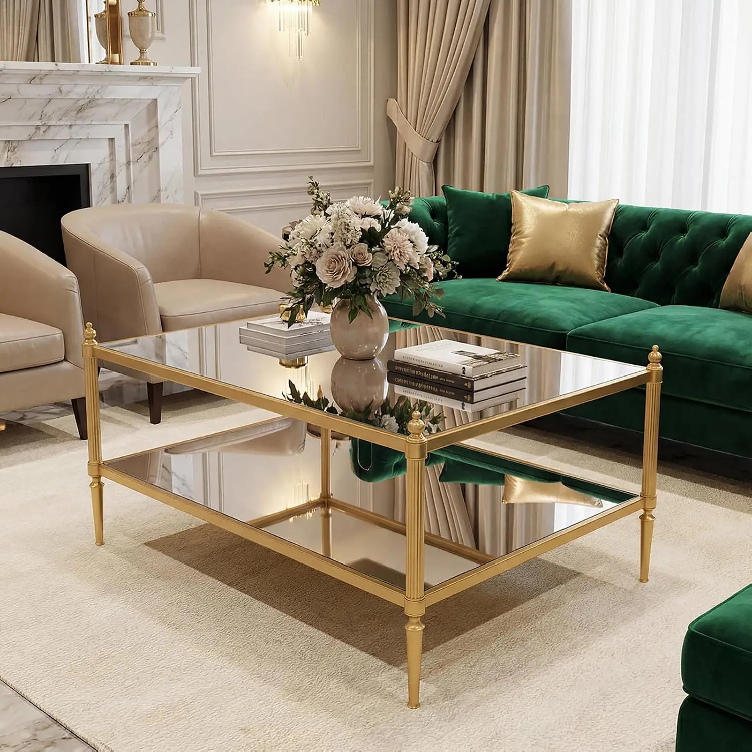 Gold Glass Coffee Table, 2 Tier Rectangular Coffee Table with Tempered Mirror Top and Glass Shelf, Fluted Metal Frame