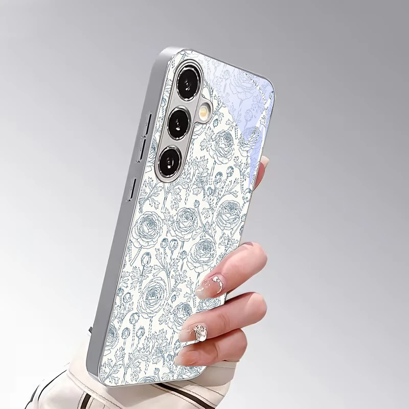Outline Floral Print Electroplated Silver Phone Case For Samsung S23 Ultra 21 S22 FE S20 Plus S24 S25 S26 Note 10 20 Glass Cover