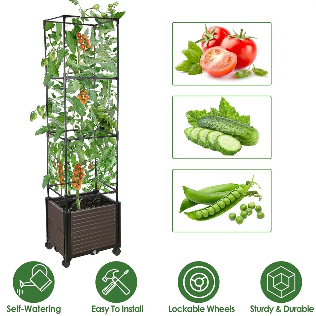 

Expandable Rustproof Raised Garden Bed Planter - 62.99in Tall with Trellis, Automatic Water Drainage, 4 Lockable Wheels,
