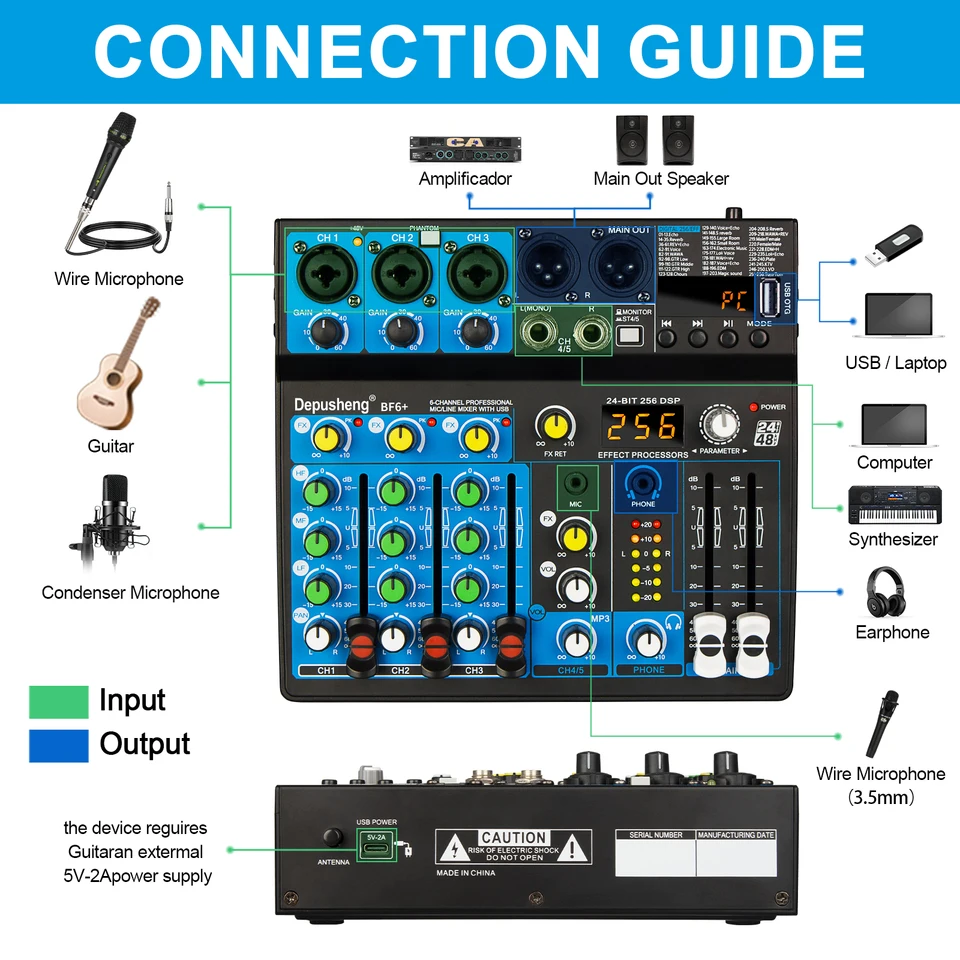 5 Channel USB Mixer Depusheng DJ Sound Controller Mini Mixer