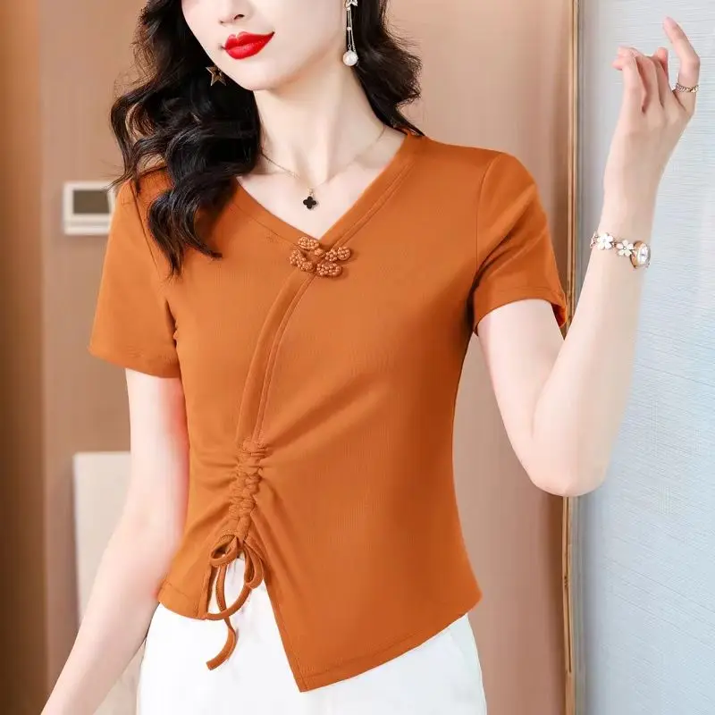 New Summer Women\'s Solid Colors V-Neck Short Sleeve Loose Thin Irregular Pullovers Drawstring Chic Comfortable All-match Tops