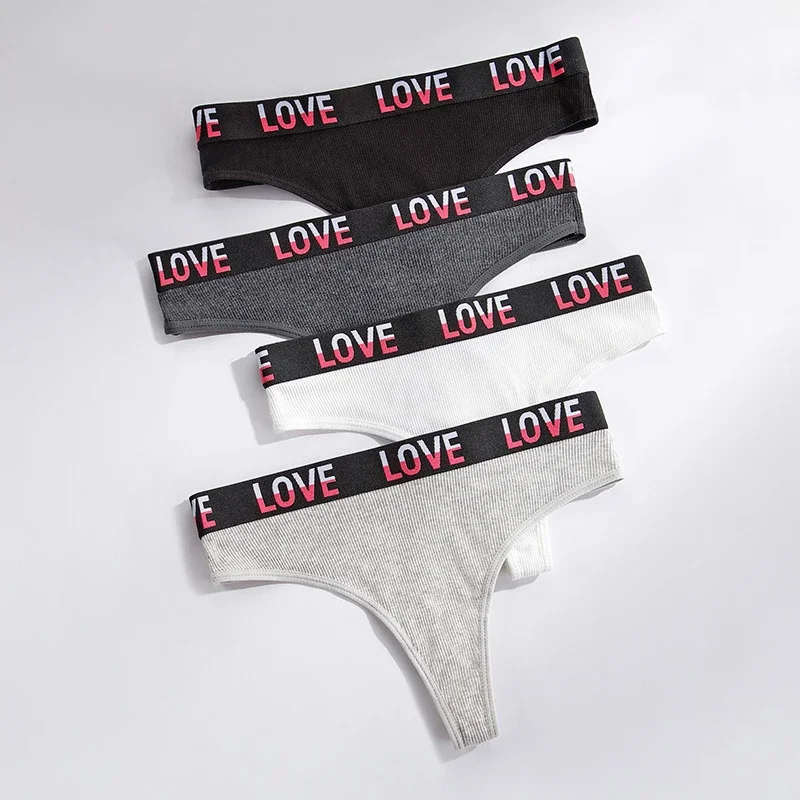 4 pieces gradient LOVE thong breathable sports underwear fitness women's panties mid-waist fitness fashion bikini sexy lingеrie