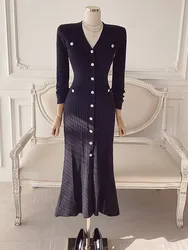 Autumn Winter Vintage Long Dress Women Sexy V-neck Slim Single Breasted Long Sleeve Knitted Dresses Ladies Elegant Long Robe