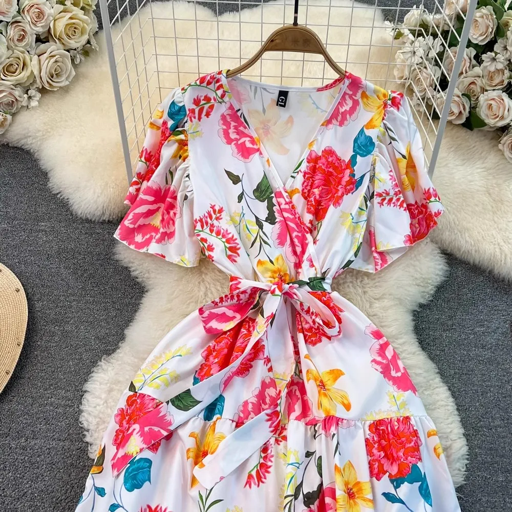 YuooMuoo Vacation Fashion Floral Print Women Dress Summer Bohemian Sash Bandage Long Beach Dress Chic Korean Party Vestidos