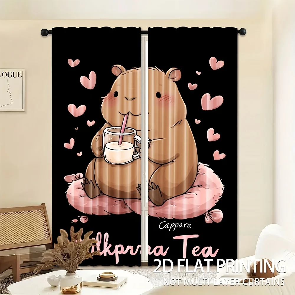 Set of 2, Capybara-Themed Milk Tea Curtains That Filter Light Made of Polyester Designed for Rod Pocket Hanging Machine Washable