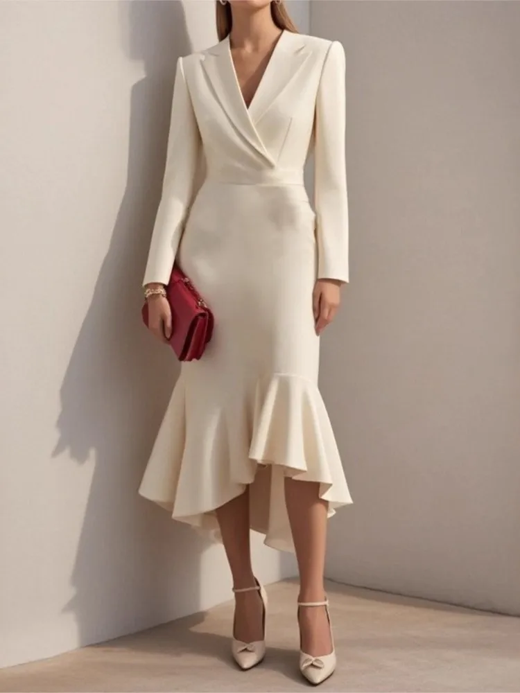 

New Autumn Suit Collar Temperament Waist Slim Hip Fishtail Dress 2025 Women's Elegant Long-sleeved Solid Color Irregular Dresses