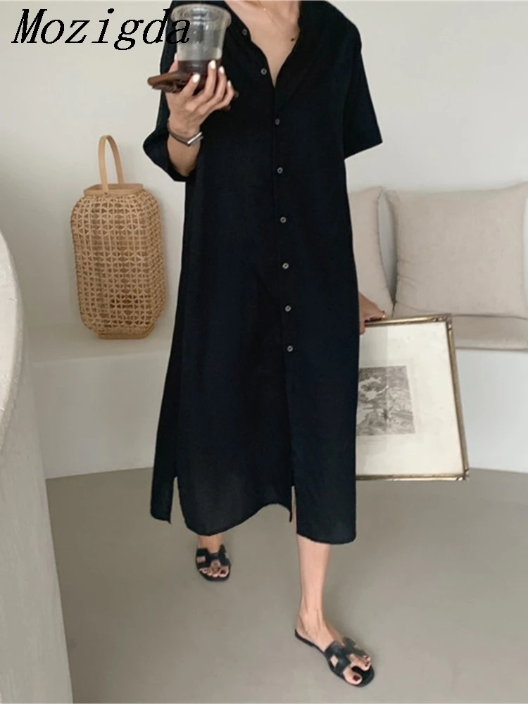 Over Size Summer Loose Slit Long Shirt Dress Women Single Breasted Short Sleeved Temperament Cotton Linen Ladies Dresses