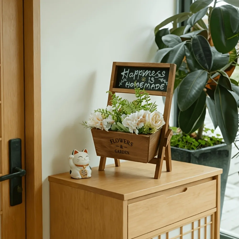 Wooden Easel Flower Pot with Chalkboard Rustic Farmhouse Style Desktop Planter Kitchen Home Office Desk Decorative Plant Holder