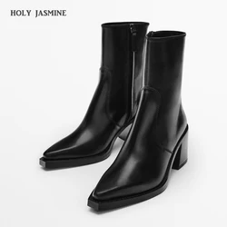 Botas de salto alto de couro genuíno para mulheres, sapato elegante de senhora de escritório, zíper lateral, novo, outono, inverno, 2023