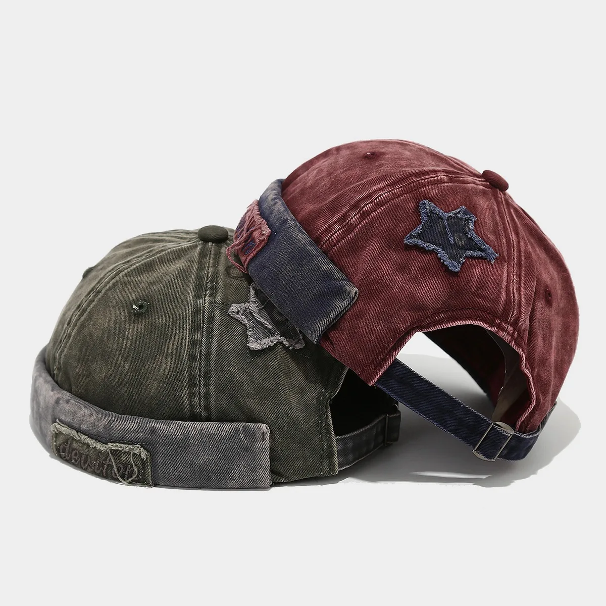 Vintage Washed Color Docker Cap Without Visor Star Splicing Brimless Caps for Men Letter Adjustable Hiphop Bob Beanies Hat Male
