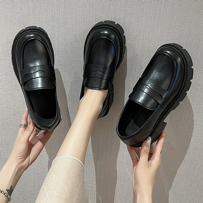 Chunky Loafers Women Platform Shoes Mary Janes Casual Leather Slip on Ladies Black Fashion Spring Autumn College Style