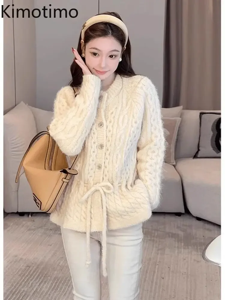 Kimotimo Retro Twists Swearer Coat Women 2024 Autumn Winter Lace Up Waist Single Breasted Knit Cardigan Lazy Solid Jumper Tops