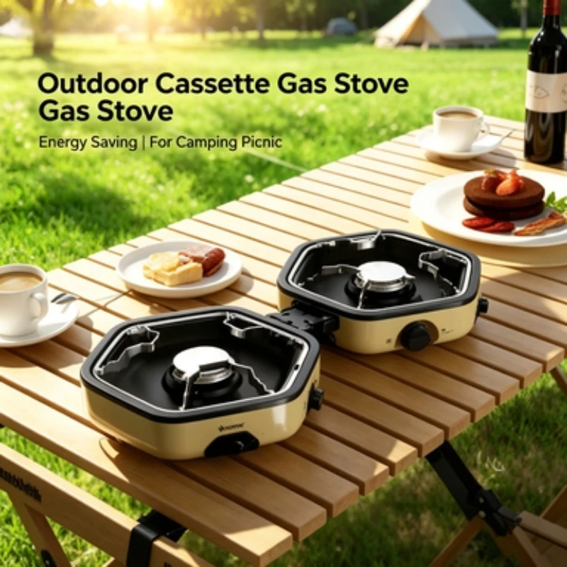 Foldable Double Burner Camping Gas Stove, Portable Outdoor Dual Head Cassette Stove for Picnic Backpacking Cooking