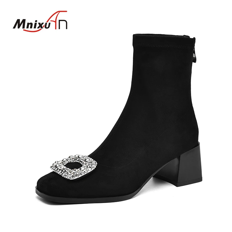 Woman Sock Ankle Boots Fashion Elegant Rhinestone Shoes Autumn Winter High Heels Back Zipper Women's Flock Stretch Short Booties