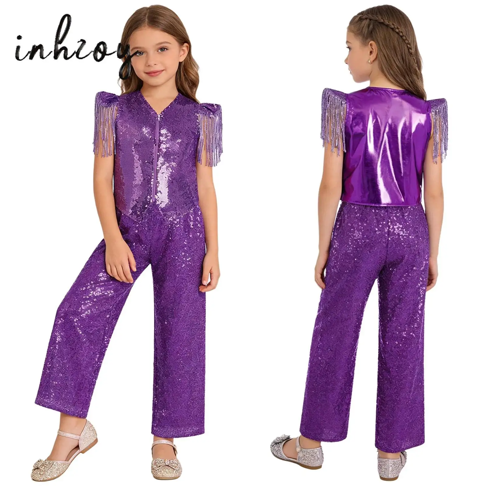 Kids Sparkly Sequin Jazz Dance Vest Pants Girls Hip Hop Modern Disco Ballroom Dance Party School Show Performance Holiday Wear