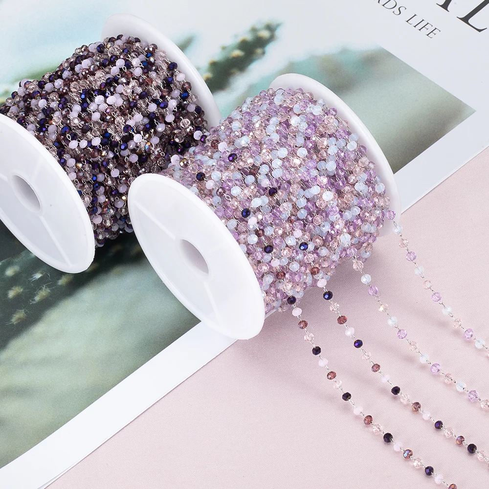 1Meter Purple Crystal Stone Beads Stainless Steel Chain for Necklace Bracelet DIY Jewelry Making Supplies