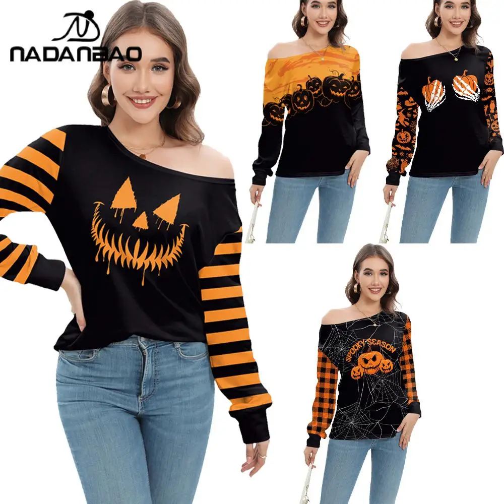 

NADANBAO Pumpkin Ghost T-Shirt Women's Long Sleeved Tops Sexy Black Slanted Shoulder Off Shoulder Pullover Street Clothing Top