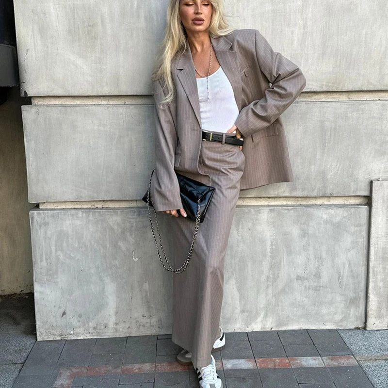 Spring Female Street Casual Blazers Two-piece Set Oversized Blazer Suit For Women Loose Slit High Waist Bust Skirt Women Outfits