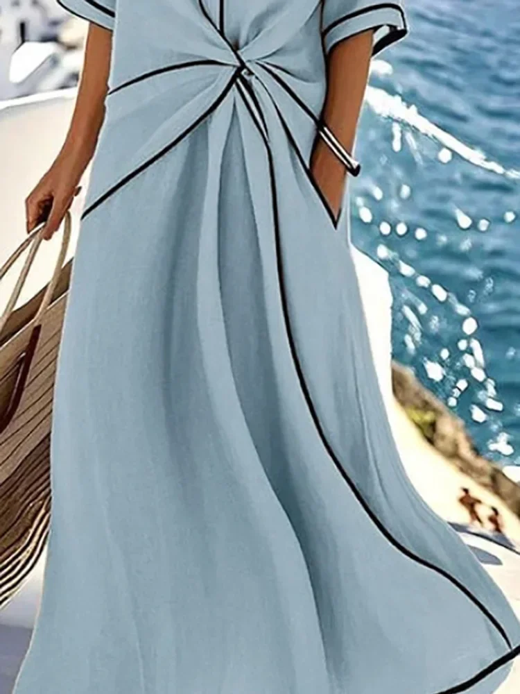 

Summer Simple Temperament Loose Commuting Dress Elegant Swing Bohemian Dress Ladies O Neck Sleeveless Pocket Long Dress Vestidos