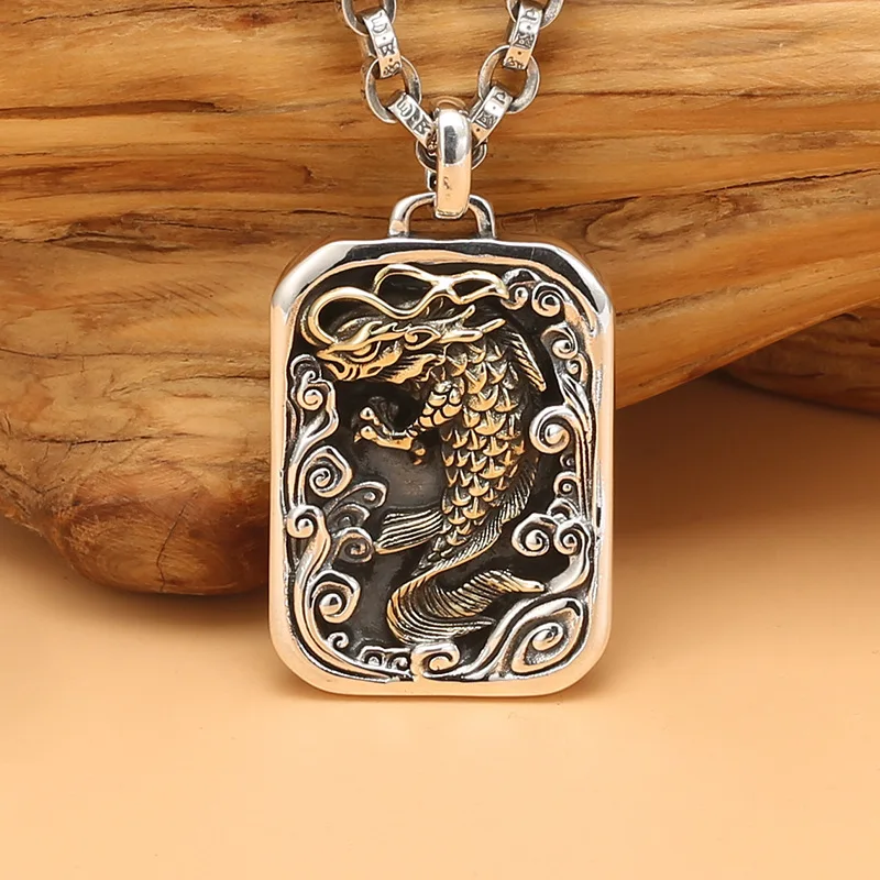 

S925 silver gold personalized carp water silver card pendant necklace new retro thai silver men and women