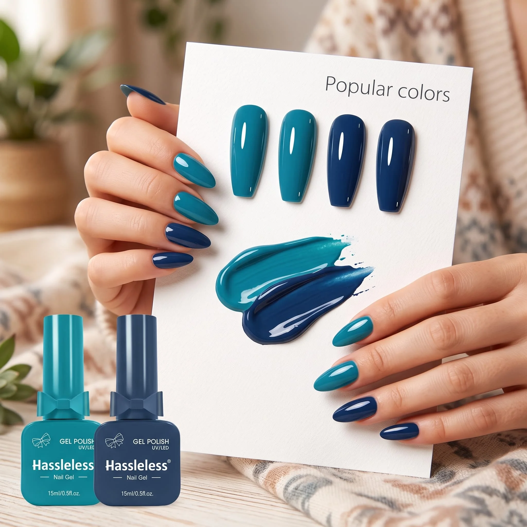 Hassleless Premium Lake Green Deep Sea Blue 2-Piece Armor Gel Polish Set, Featuring Bright Peacock Lake Green and Calm Deep Sea Blue, Two Trendy Autumn/Winter Color Shades That Enhance Complexion, Apply Smoothly and Co