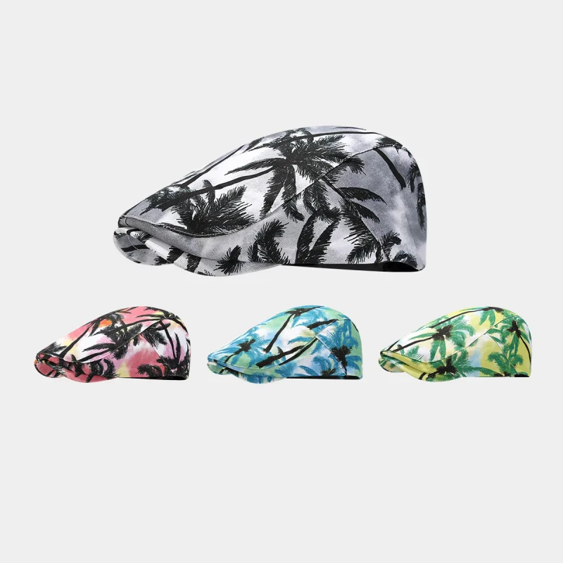 Men Women Palm Tree Print Flat Cap Summer Newsboy Beret Hat Casual Tropical Peaked Cap