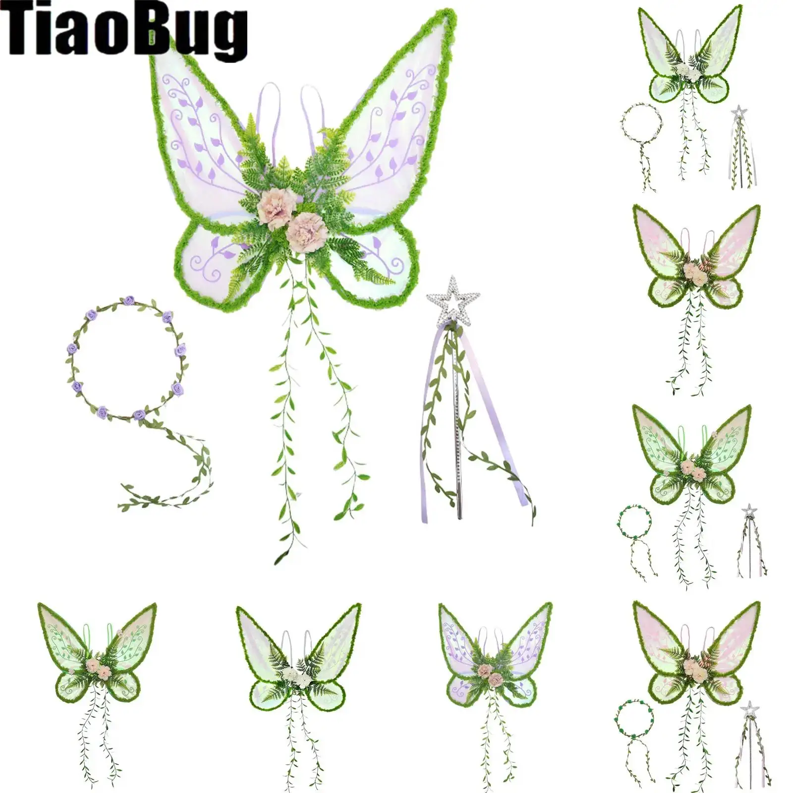 어린이 소녀용 탄력 있는 반짝이 나비 모양 요정 날개, 가랜드와 요정 지팡이 포함, 할로윈 코스프레용