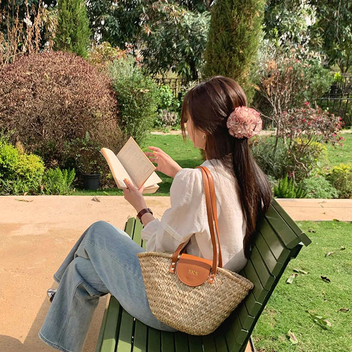 Customized Name Single-Shoulder Bag, PU Stitched Woven Bag, Beach Bag for Ladies in Spring and Summer, Rattan Bag