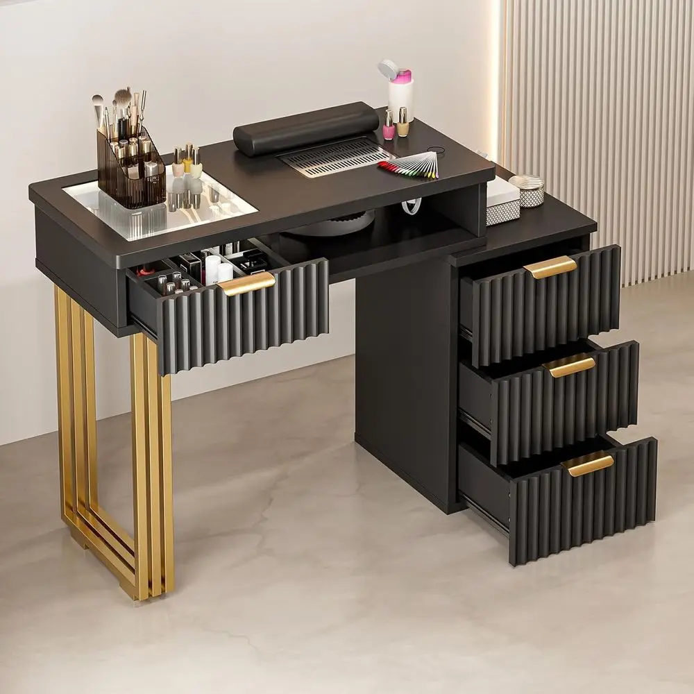 Professional Nail Technician Table with Glass Top, Electric Vent, Wrist Cushion, Storage Drawers, Metal Handles, and Black Legs