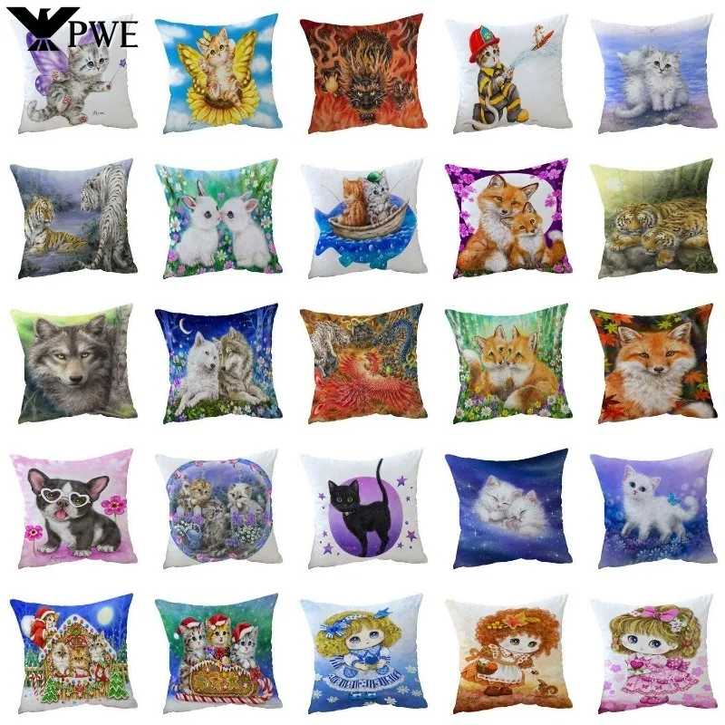 Peach skin polyester Cushion Covers 45X45CM Wildlife Animals Wolf Fox Tiger Christmas Cats and Girls